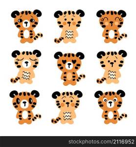 Hand drawn tiger cubs collection. Set of nine cute tigris baby. Perfect for poster, greeting card, stickers and prints. Cartoon style vector illustration for decor and design.