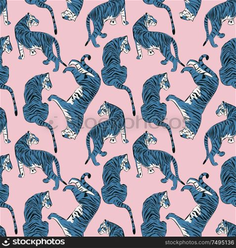 Hand drawn tiger seamless pattern, big cats in different position, blue tigers on pink, exotic background, flat vector illustration