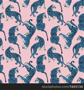 Hand drawn tiger seamless pattern, big cats in different position, blue tigers on pink, exotic background, flat vector illustration