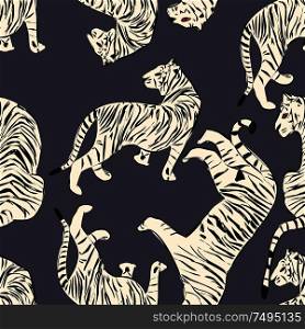 Hand drawn tiger seamless pattern, big cats in different position, white tigers on dark exotic background, flat vector illustration