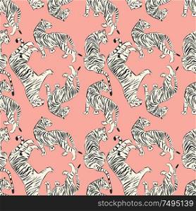 Hand drawn tiger seamless pattern, big cats in different position, white tigers on pink, exotic background, flat vector illustration
