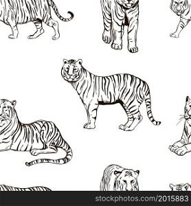 Hand drawn tiger. Vector seamless pattern.