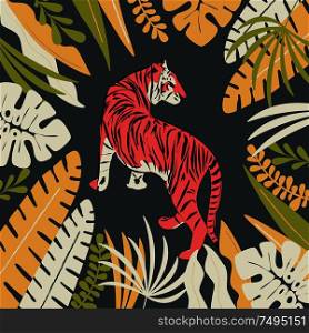 hand drawn tiger with exotic tropical leaves, flat vector illustration