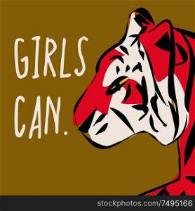 Hand drawn tiger with feminist phrase and message, girl power and feminism concept, flat vector illustration