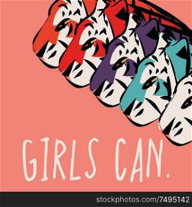 Hand drawn tigers with feminist phrase GIRLS CAN, girl power and feminism concept, flat vector illustration