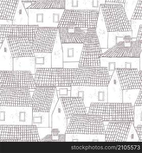 Hand drawn tiled roofs of houses. Vector seamless pattern.. Hand drawn houses on white background
