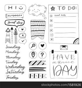 Hand drawn to do list, sticky tape, and other note book elements. Doodle stationery design. Set of hand letered days of week. Hand drawn to do list, sticky tape, and other note book elements. Doodle stationery design. Set of hand letered days of week.