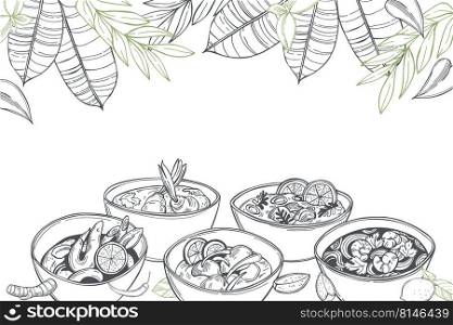 Hand-drawn  tom yam soup, thai cuisine. Vector background. Sketch  illustration.. Tom yam soup. Vector background.