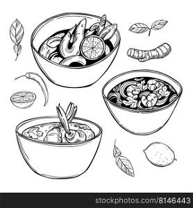 Hand-drawn  tom yam soup, thai cuisine. Vector sketch  illustration.. Tom yam soup. Sketch  illustration.
