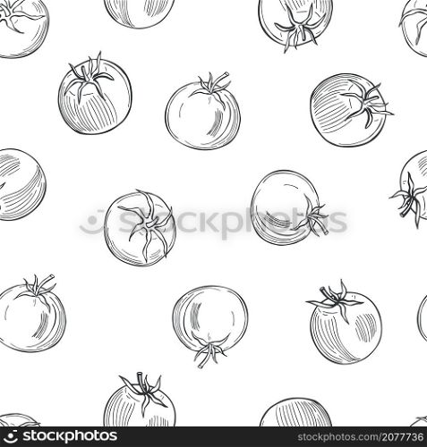 Hand drawn tomatoes on white background. Vector seamless pattern.. Sketch vegetables. Vector pattern.
