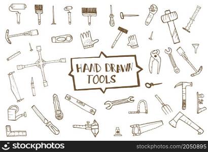 Hand drawn tool icons set, isolated. Vector illustration