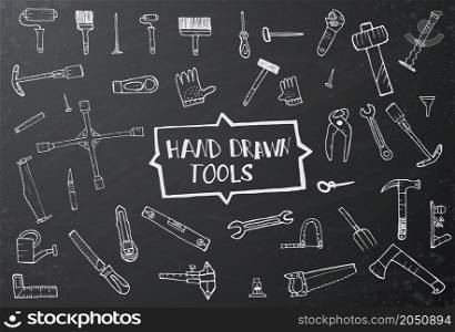 Hand drawn tool icons set on black chalk board. Vector illustration