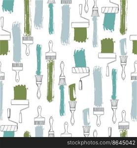 Hand-drawn  tools for painting walls. Paint roller and  brushes. Vector  seamless pattern..  Paint roller and  brushes. Vector  pattern.