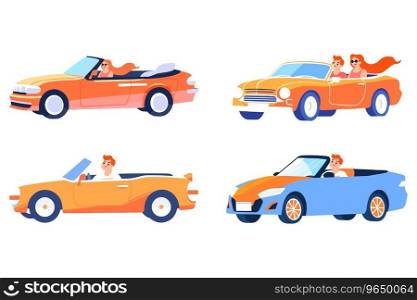 Hand Drawn Tourists drive convertibles car to the beach in flat style isolated on background