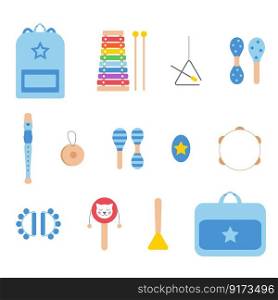 Hand drawn toy musical instruments, bag and backpack for kids. Flat vector illustration. Clipart isolated on white background