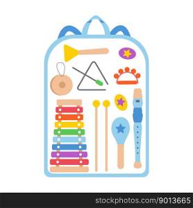 Hand drawn toy musical instruments for kids. Flat vector backpack with toys illustration. Clipart isolated on white background