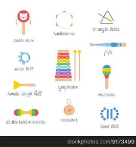 Hand drawn toy musical instruments for kids. Flat vector illustration. Clipart isolated on white background