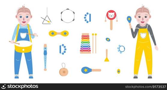 Hand drawn toy musical instruments for kids. Flat vector illustration. Clipart isolated on white background