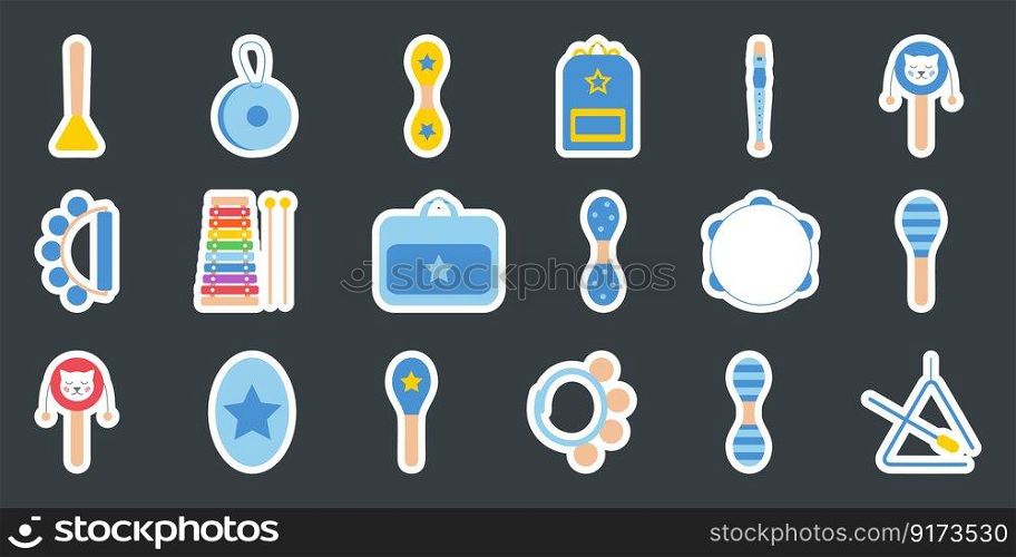 Hand drawn toy musical instruments for kids. Flat vector illustration for stickers. Clipart isolated on white background