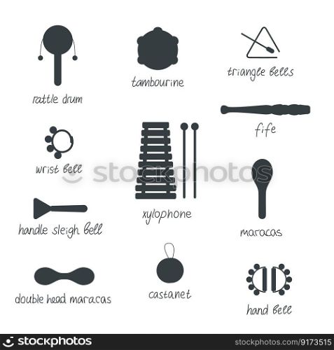 Hand drawn toy musical instruments for kids. Flat vector silhouette illustration. Clipart isolated on white background