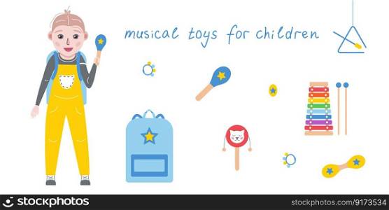 Hand drawn toy musical instruments for kids. Flat vector toddler in overall illustration. Clipart isolated on white background