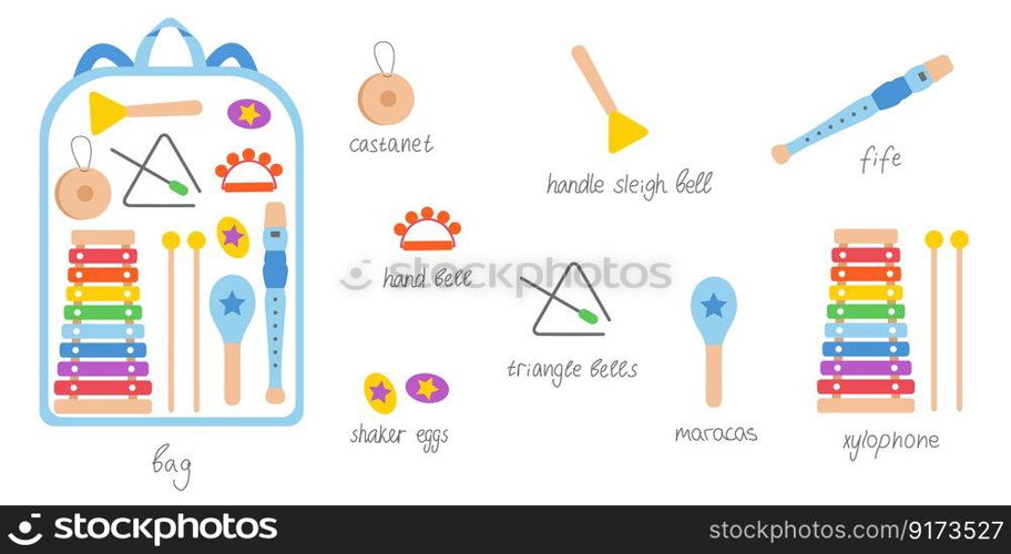 Hand drawn toy musical instruments for kids with backpack. Flat vector illustration. Clipart isolated on white background