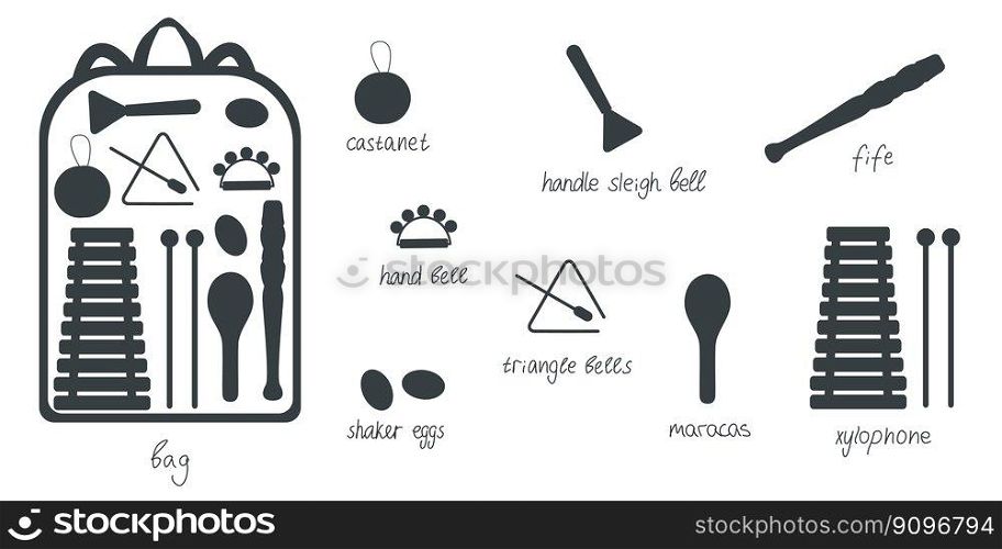 Hand drawn toy musical instruments for kids with backpack. Flat vector silhouette illustration. Clipart isolated on white background