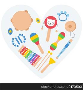 Hand drawn toy musical instruments in heart for kids. Flat vector illustration. Clipart isolated on white background