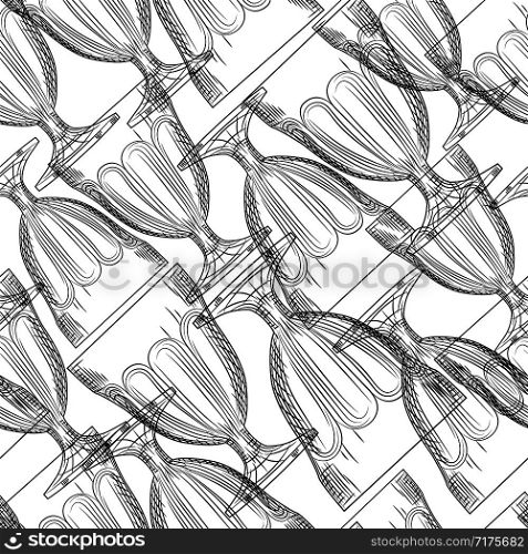 Hand drawn transparent glasses seamless pattern on white background. Alcoholic beverage glassware design. Vector illustration. Hand drawn transparent glasses seamless pattern on white background.