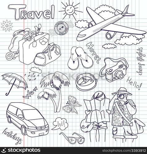 Hand drawn travel doodles. Vector illustration.