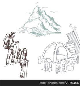 Hand drawn traveler with backpack. Hiking tourists and camping items set. Vector sketch illustration.
