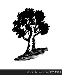 Hand drawn tree sketch isolated on white background. Doodle landscape drawing. Rough pen drawing. Logo design.