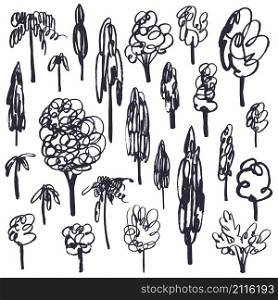 Hand-drawn trees set. Vector sketch illustration.. Hand-drawn trees set.