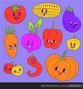 Hand drawn trendy cartoon vegetables, vector illustration