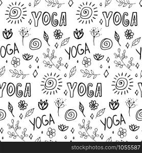 Hand drawn trendy graphic seamless pattern with doodle. Line drawing. Graphic Yoga elements seamless vector design.. ???????? RGB