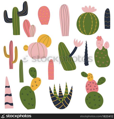 Hand drawn trendy set with bright cactus set. Succulent vector illustration. Mexican national plants. Illustration for children design.. Hand drawn trendy set with bright cactus set. Succulent vector illustration.