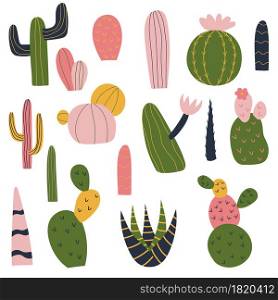 Hand drawn trendy set with bright cactus set. Succulent vector illustration. Mexican national plants. Illustration for children design.. Hand drawn trendy set with bright cactus set. Succulent vector illustration.