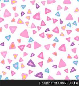 Hand drawn triangle seamless pattern on white background. Repeating chaotic shapes backdrop. Stylish abstract background. Pastel colors. Vector illustration. Hand drawn triangle seamless pattern on white background.