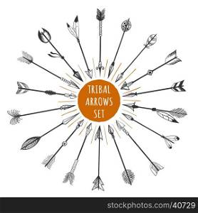 Hand drawn tribal arrows set. Hand drawn tribal arrows set with orange circle and text in the middle. Vector illustration
