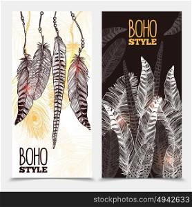 Hand Drawn Tribal Vertical Banners. Hand drawn tribal vertical banners with bird feathers of different shapes in boho style vector illustration