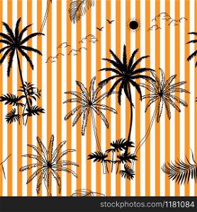 Hand drawn tropical botanical seamless pattern on orange and white stripes,for decorative,fashion,fabric,textile,print or wallpaper,vector illustration
