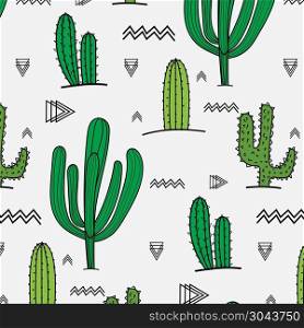 Hand Drawn Tropical Cactus Pattern. Vector Illustration Background.	