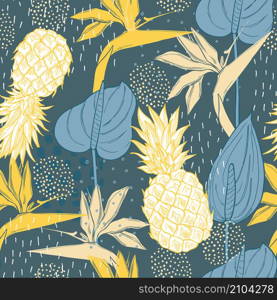 Hand drawn tropical flowers and pineapples. Vector seamless pattern.. Hand drawn tropical flowers.