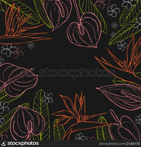 Hand drawn tropical flowers. Vector background .