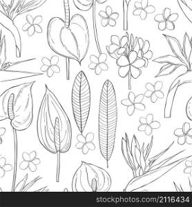 Hand drawn tropical flowers. Vector seamless pattern .