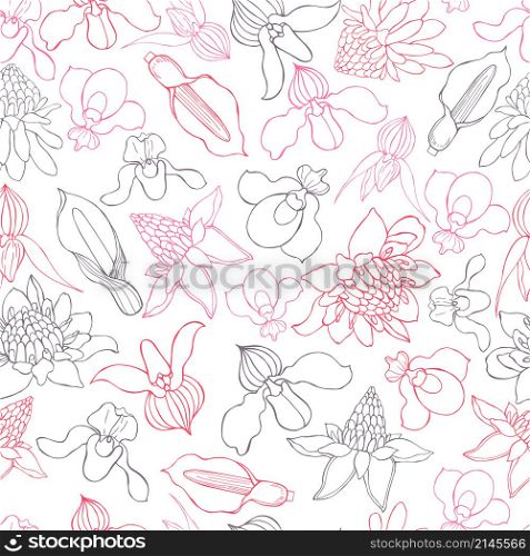 Hand drawn tropical flowers. Vector seamless pattern .. Hand drawn tropical flowers.