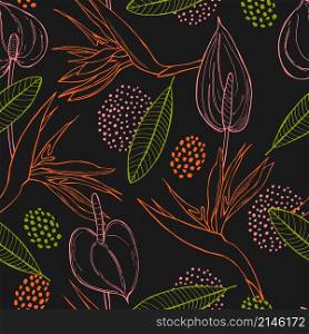 Hand drawn tropical flowers. Vector seamless pattern .. Hand drawn tropical flowers.