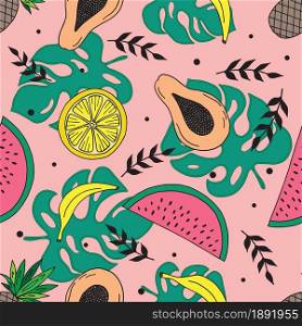 Hand drawn tropical fruit seamless pattern. Vector illustration.
