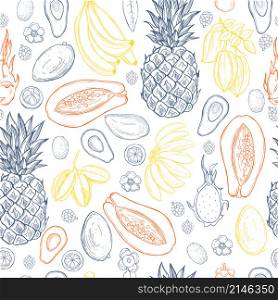 Hand drawn tropical fruits on white background. Vector seamless pattern.. Vector seamless pattern with fruits.