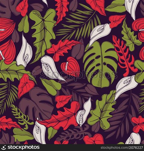 Hand drawn tropical leaves and flowers. Vector seamless pattern .. Tropical flowers and leaves. Vector pattern .